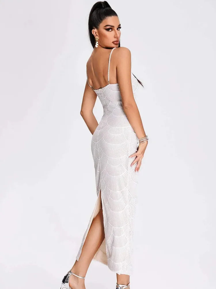 Vestido Midi Bordado com Pérolas Modern Louise - Alta Elasticidade
