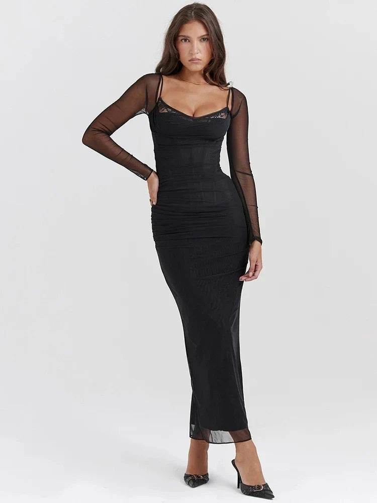 Vestido Longo com Espartilho em Camada Dupla de Tule Modern Luxury - Manga Longa - GOLDEN ERA
