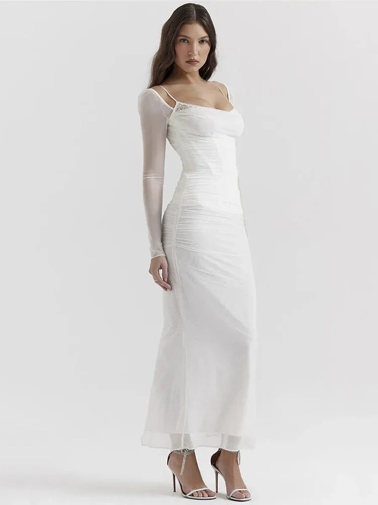 Vestido Longo com Espartilho em Camada Dupla de Tule Modern Luxury - Manga Longa - GOLDEN ERA