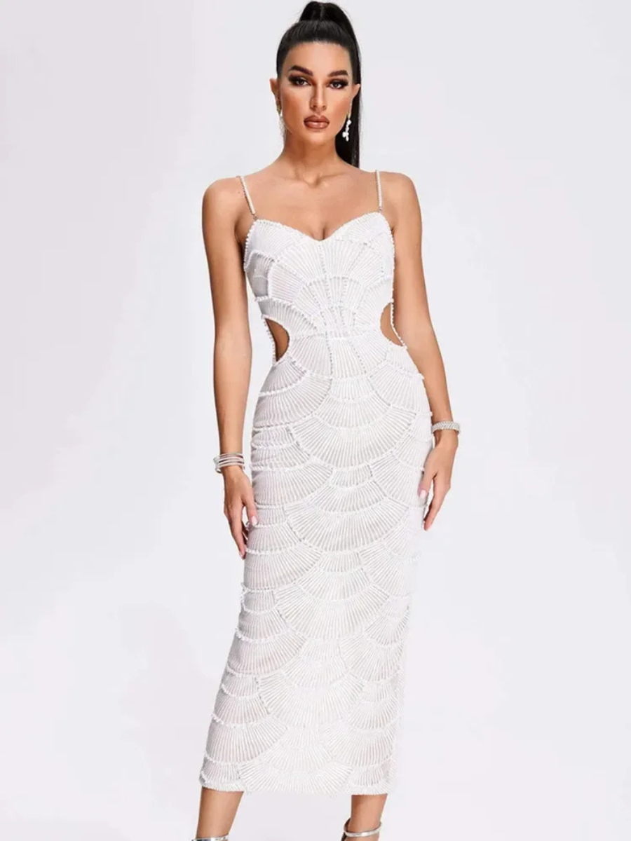 Vestido Midi Bordado com Pérolas Modern Louise - Alta Elasticidade